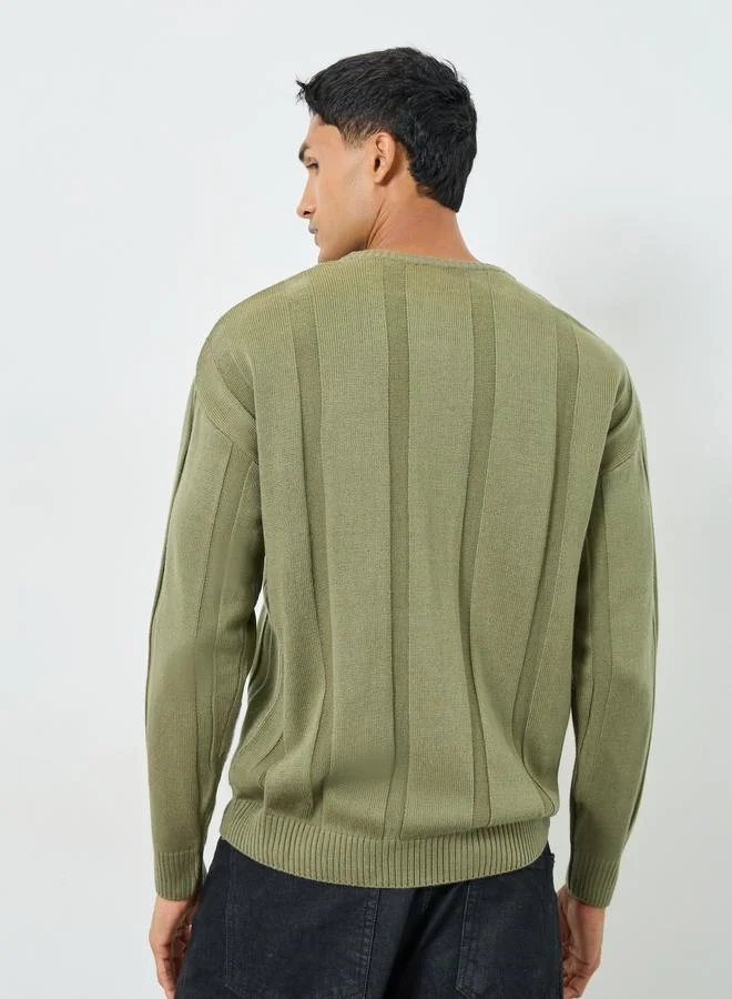 Styli Men Green Ribbed Knitted Sweater
